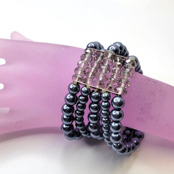 Grey Faux Pearl Stretch Bracelet 5 Strand Wide Faux Pearl Elastic Bracelet - Picture 2 of 8